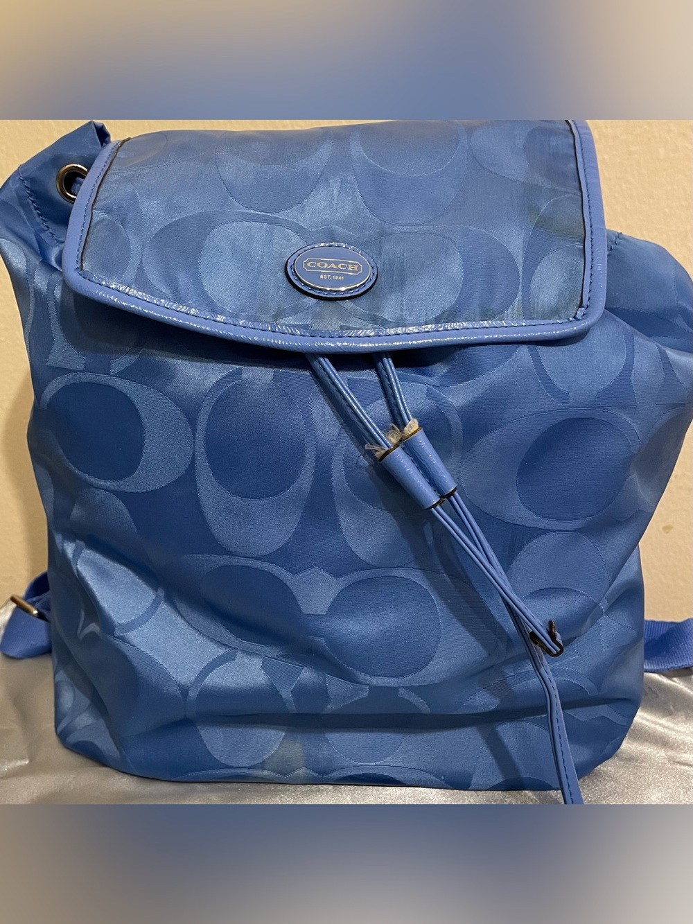Coach Blue Signature Drawstring Backpack with Logo Flap